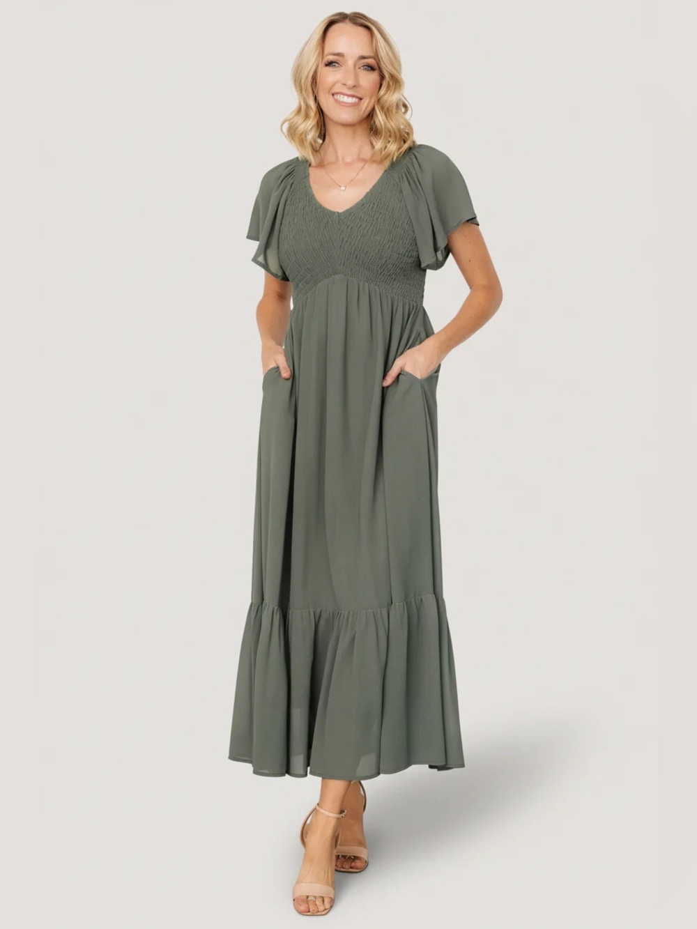 Baltic Born Sage Green Smocked Maxi Dress 2XL Flowy Romantic